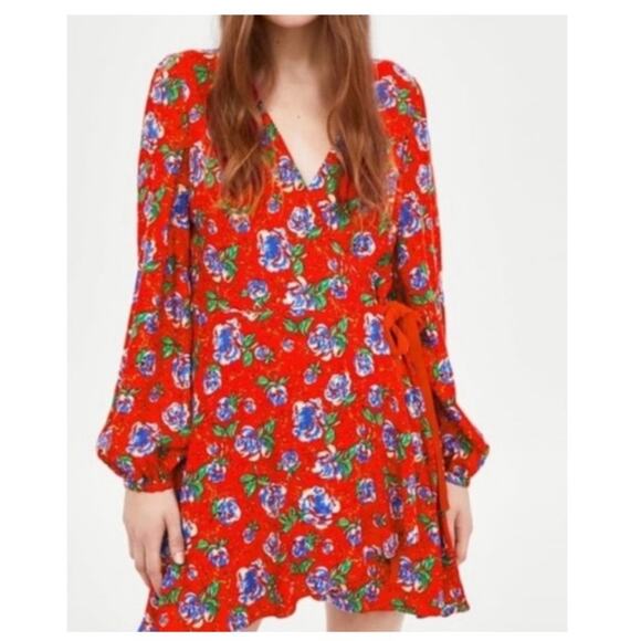 Zara Dresses & Skirts - Zara Women's Red Floral Mini Wrap Dress Size S Style 9049/687/600/S